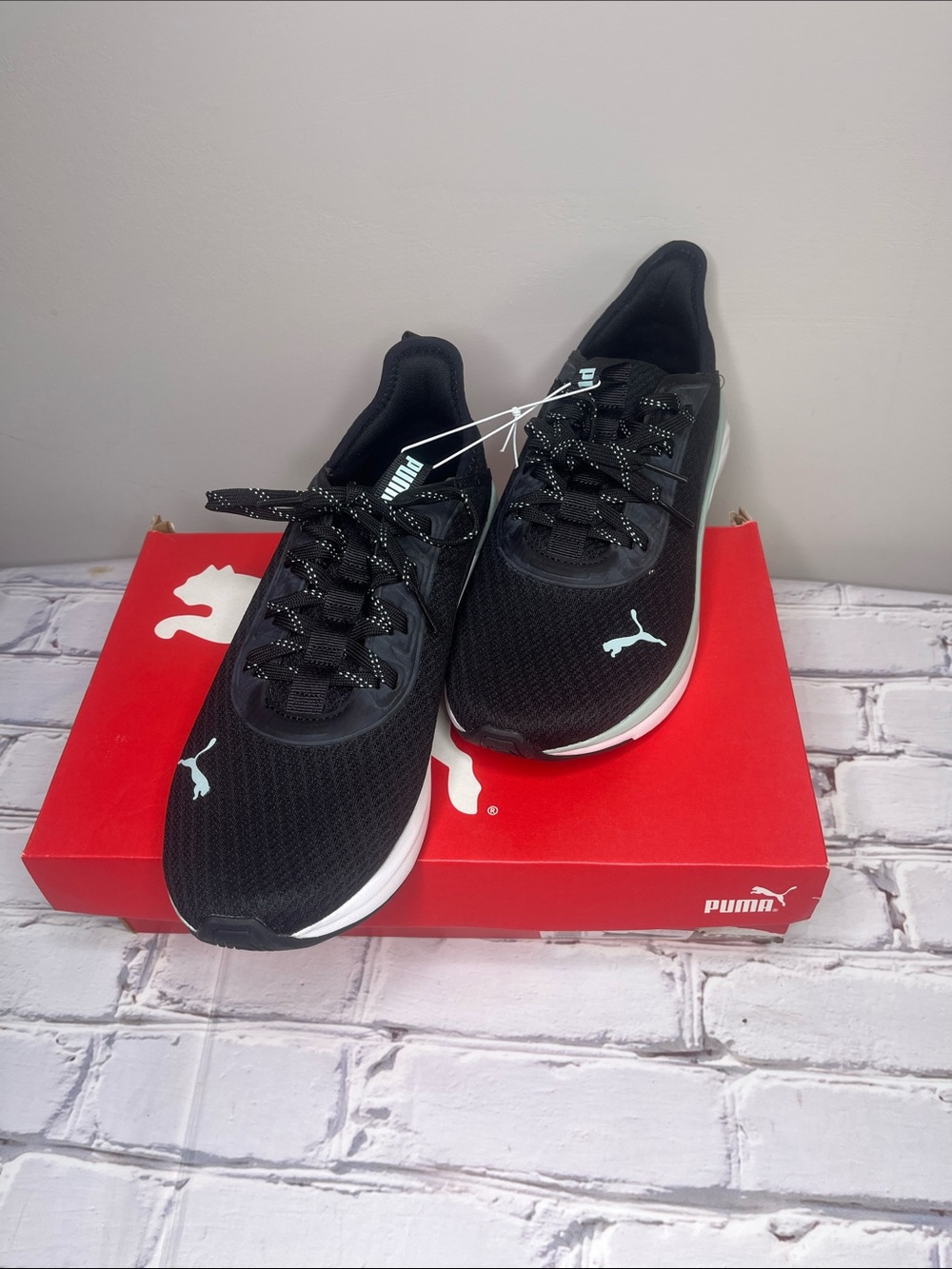 Puma Soft Foam Black Mesh Sneakers with Mint Green Midsole